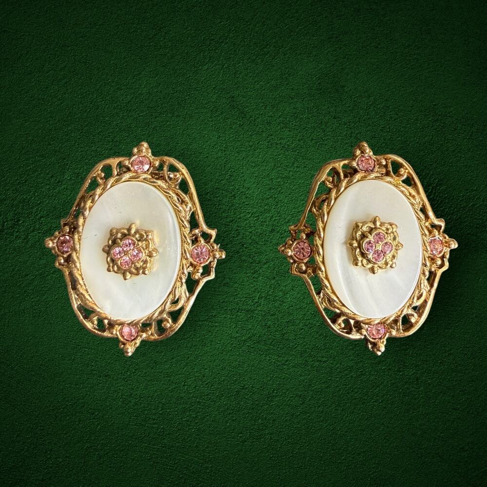 Vintage Gold Tone Clip-On Earrings Mother of Pearl Look Pink Rhinestones Ornate